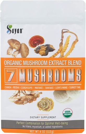 [BRSWGGQDAEPBAHLB] Sayan 7 Mushrooms USDA Organic Extract Powder Blend Supplement 4 oz / 113g - Chaga, Reishi, Cordyceps, Maitake, Shiitake, Lion's Mane and Turkey Tail, No Fillers, Add to Coffee or Tea, Fruiting Body