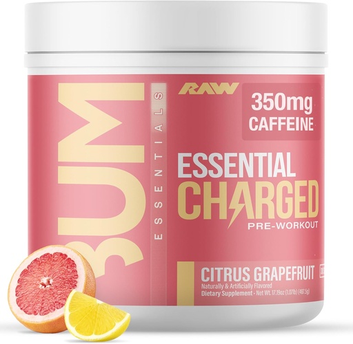 [BRSRA2YDB4FBY2DG] RAW Pre-Workout Powder, Essential CHARGED (Citrus Grapefruit) - Preworkout supplement for Men, Women - Supports Focus, Mood, Performance - Caffeine, Alpha-GPC, L-Citrulline, Beta Alanine (25 Servings)
