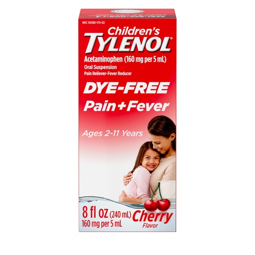 [BRSW2ZAQPIFQYYLF] Children's Tylenol Liquid Pain Relief & Fever Medicine, Oral Suspension, Dye-Free, Acetaminophen, No Aspirin, No Ibuprofen, No High Fructose Corn Syrup; Cherry Flavor, 8 fl. oz.; Pack of 1