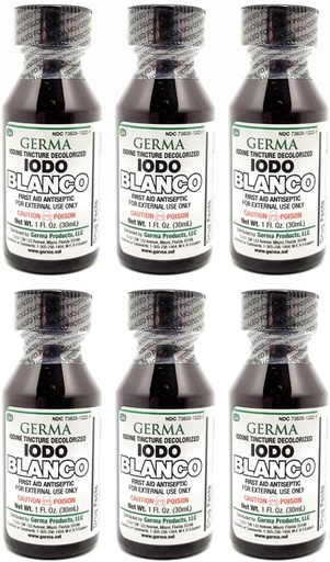 [BRSWGH3QOZ7AEFAV] Germa White Iodine Tincture. First Aid Antiseptic. for Minor Scrapes, Cuts, Bruises and Burns. Prevents Skin Infection. 1 oz. Pack of 6