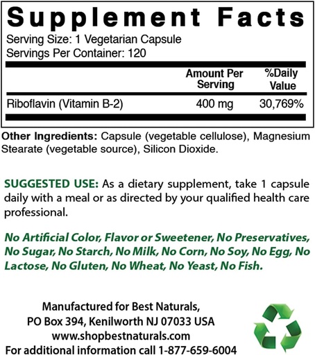 [BRSRMBAHCUHB4ETA] Beste Naturals Vitamin B2 (Riboflavin) 400mg & vitamin B-6 25mg
