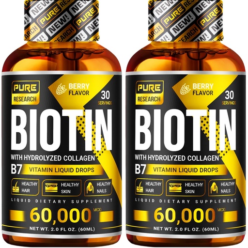 [BRSW2HYDCIJWOAI6] PURE RESEARCH Biotin & Collagen 60,000mcg Hair Growth Liquid Drops, Supports: Strong Nails, Glowing Skin, Healthy Hair Growth, More Absorption Than Capsules & Pills (4Fl Oz)