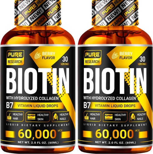[BRSW2HYDCIJWOAI6] PURE RESEARCH Biotina &amp; Collagen 60,000mcg Crecimiento del cabello gotas líquidas, soporta: uñas fuertes, piel de alumbramiento, crecimiento saludable del cabello, más absorción que cápsulas " píldoras (4Fl Oz)