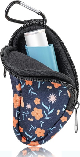[BRSROZL6OAHQYCLO] Asthma Inhaler Carrying Holder Neoprene Travel Inhaler Mini Bag for L-Shaped Inhaler, Inhaler Not Included (Blue, Flower)