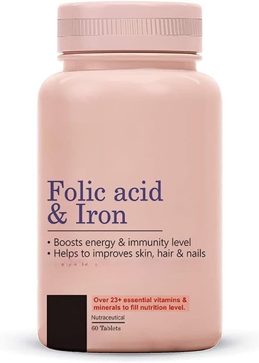 [BRSROAYQB4NRGEL6] Folic Acid & Iron Supplements|지원 임신|철 생산|머리를 감소|남성 및 여성|Vegan|- 60 정제