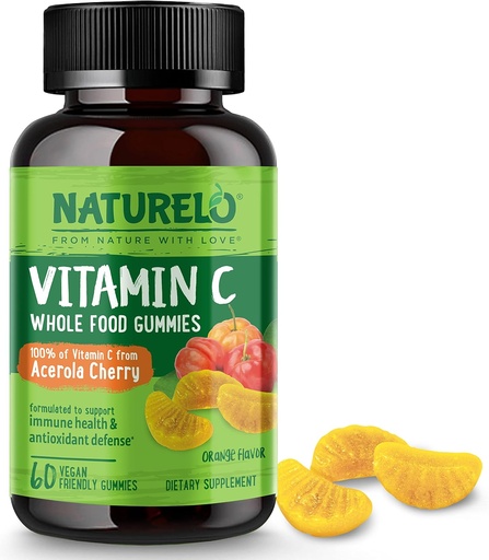 [BRSW2ZYZDIAQGEIY] NATURELO whole Food Vitamin C Gummies, Vitamin C from Acerola Cherry, Plant-Based supplement, 60 Vegan-Friendly Gummies
