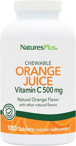 [BRSWIYTYO4GRSAI7] NaturesPlus Orange Juice Chewable Vitamina C - 500 mg, 180 Tablets - Suplemento de Apoyo Inmunitario de alta potencia, Antioxidante - Gentle On Stomach -Vegetariano, Gluten-Free - 180 Servings