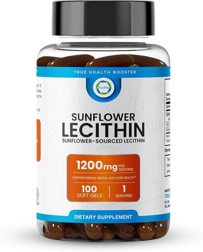 [BRSRMAQQAUHGGCI7] Sunflower Lecithin 1200 MG 100 Softgels, 100-Day Supply Guaranteed Pure, Non-GMO, Soy-Free, Supports Brain, Heart, Nerve, Liver Health, Cognitive Function, Healthy Cholesterol, High Absorption Formula