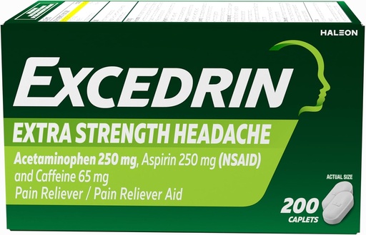 Excedrin Extra sterkte pijn verlichting Caplets voor hoofdpijn verlichting, Acetaminophen 250 mg, Aspirine 250 mg, Cafeïne 65 mg, Pijn Relever, 200 Tellen