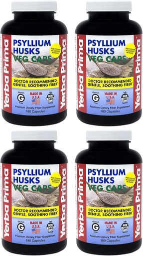 [BRSWIHLYAIBQYGY7] Yerba Prima Psyllium Husks Veg Caps - 180 Count (Pack von 4) - Vegan, Non-GMO, Glutenfrei, Colon Cleanser, Tägliche Faserergänzung für Gut Health & Regularity