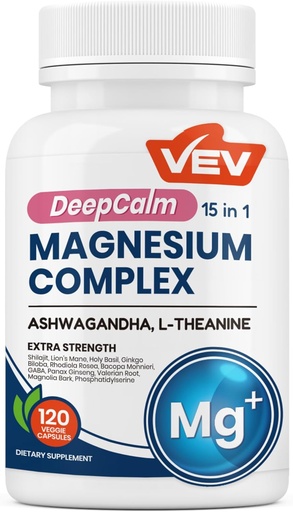 [BRSRAFAYOUNAKYIV] VEV DeepCalm 15 i 1 Magnesium Glycinate & Citrate Complex kapsler, Cortisol kosttilskud til kvinder - Let at tage Formel med Ashwagandha & L- Theanine, 120 Vegan kapsler