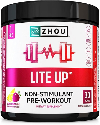 [BRSW2GT2BUFGC3Q4] Zhou Lite Up - Non Stim Powder, Nitric Oxide Stim Free Supplement for Men & Women, Caffeine Free Boost, Clean Formula - Berry Lemonade Flavor, 7.5 oz Jar (30 Scoops)