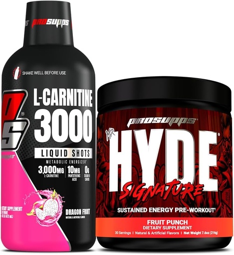 [BRSWYELQOIAQMELH] PROSUPPS L-カルニチン3000興奮剤フリー液体ショット(ドラゴンフルーツ)とハイドシグネチャーシリーズプレワークアウトエナジーパウダードリンク(フルーツパンチ)バンドル