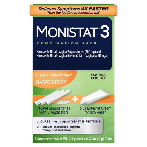 [BRSWIYQTAB7AK2T2] Monistat 3-Day Yeast Infection Treatment for Women, 3 Miconazole Vaginal Suppositories & External Itch Relief Cream (9g Tube) Combo Pack