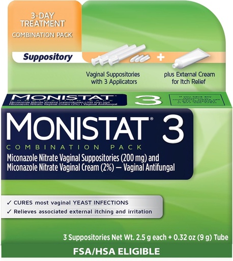 [BRSWIYQTAB7AK2T2] Monistat 3-Tage Hefe Infektion Behandlung für Frauen, 3 Miconazol Vaginal Suppositorien & Externe Itch Relief Creme (9g Tube) Combo Pack