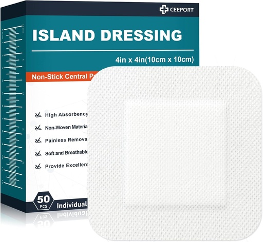 [BRSRAGA7DICG2CTO] Island Dressing 4"x4", 50 Individually Packed Bordered Gauze Pads, 2"x2" Non-Stick Pad in Center with Adhesive Border, Highly Absorbent Non-Woven Medical Grade Bandages for Wounds, First Aid