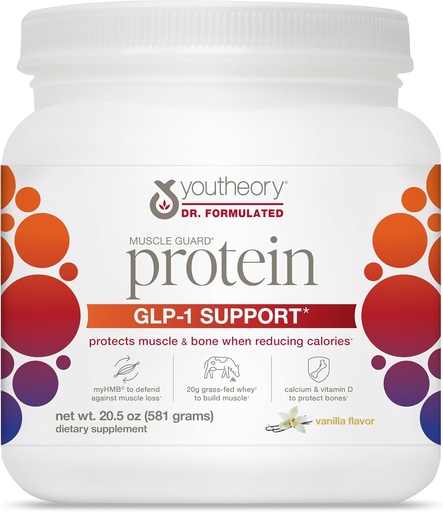 [BRSRAFDROZYR4GTK] Youtheory Muscle Guard Protein GLP-1 Unterstützung - Whey Protein Powder Supplement - für GLP-1 Benutzer - unterstützt Muskel & Knochen - mit myHMB, Calcium & Vitamin D - 20,5 Unzen Pulver