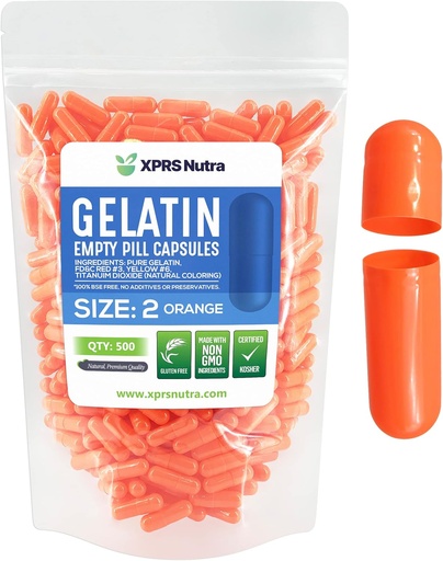 [BRSWYAYCDEGRAFDZ] XPRS Nutra Size 2 Empty Capsules - 500 Count Empty Gelatin Capsules - Pills DIY Capsule Filling - Pure Bovine Pill Gel Caps for Do-It-Yourself Supplements (Orange)
