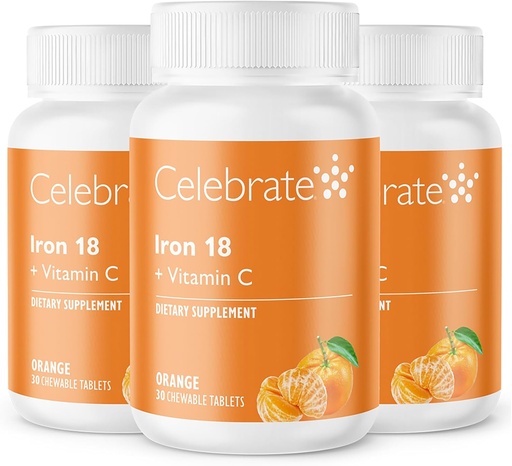 [BRSWIGQHBEEACHL6] Celebrate Vitamins Iron Supplement with Vitamin C - 18mg Iron, 36mg Vitamin C, Bariatric Vitamins for WLS Patients, Vertical Sleeve & Gastric Bypass Surgery – Tangerine, 90 Chewable Tablets