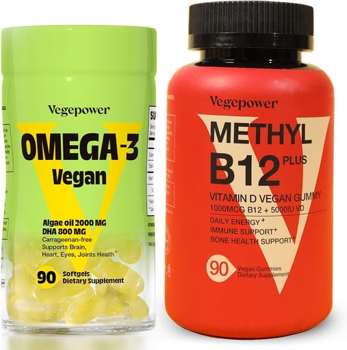 [BRSRAZI7CJ6WOD34] Vegan Omega-3 + Vitamin B12 Gummy | Algae Omega-3 DHA Supplements for Brain, Heart Eyes Health | Methyl B12 1000 mcg & Vitamin D 5000 IU for Energy and Immune Support - 90 Count