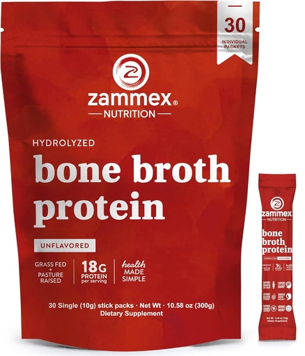 [BRSROHYYBUMAOFLO] Zammex Bone Broth Collagen Packets-20g Collagen Protein-Bone Broth Powder to Go-30 Travel Packets-Supports Skin Nails Joints, Gut Health | Gluten-Free |Keto & Paleo Friendly-Natural Flavor