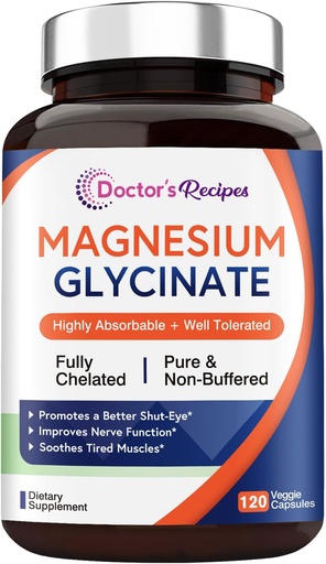 [BRSROEAFCBYBECTB] Recetas del doctor Magnesium Glycinate, Chelated " Non Buffered, Highly Absorbable, para adultos de niños, para relajarse " sueño, no GMO, 120 caps Vegan