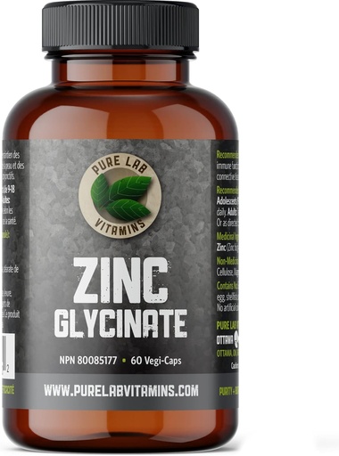 [BRSWGAAKOQHGKCLV] Zinc Glycinate 23 mg Supplement - 60 Vegan Caps by Pure Lab Vitamins - Amino Acid Salt for Healthy Skin & Nails - Supports The Immune System, Prostate, Vision - Made in Canada
