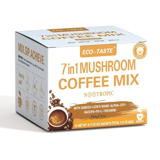 [BRSWY2TYBUIQ4F3U] Mushroom Coffee Mix 7 i 1, med Ginkgo, Lions Mane, Alpha-GPC, Bacopa, PS, L-Theanine - 12 Sachets