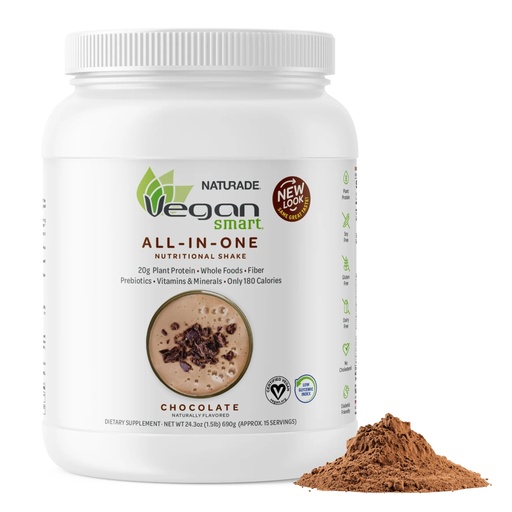 [BRSWIEI6B4EGC3T6] Vegansmart Naturade All-in-One Plant-Based Shake Low Sugar Nutrition with Protein, Fiber, Vitamins & Minerals, Supports Balanced Energy & Wellness, Chocolate, Vegan - 24.34 oz