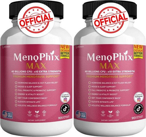 [BRSRAATYBMIQ4ALJ] MenoPhix Max Premium Menopause Support Supplement, 40 Billions CFU, Extra Strength, 180 Capsules (2)