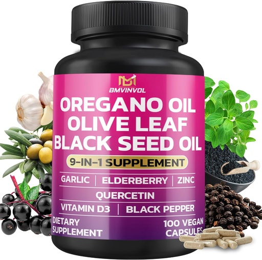 [BRSRAHABDIMQOYLD] BMVINVOL Oregano Usturoi Olive Leaf Black Seed + 5 Mai mult - Suport Imun și Digestive Health Supplement pentru femei și bărbați - 100 Capsule