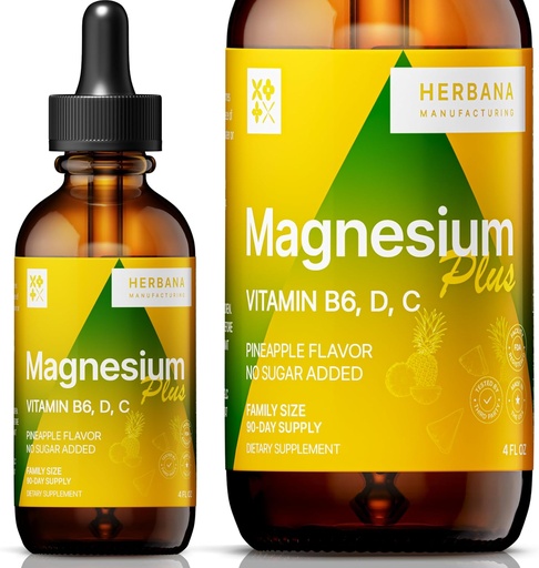 [BRSROHALCQIGYAD6] magnesio Plus Pineapple Flavor - Citrato de magnesio, glicinato/L-treonato e vitamina B6, D, C/Liquid Drops Suplemento 4 fl oz - Complexo Avanzado - 90-Day Supply