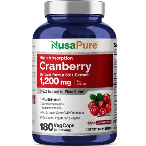 [BRSRM2Q5OYPQAHQ3] NusaPure Cranberry Capsules, 1200 mg, 180 Veg Capsules (Non-GMO, Vegan)