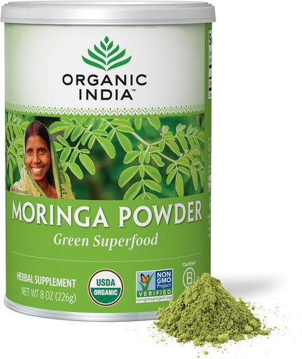 [BRSWKYA5PJYWO23K] ORGANIC INDIA Moringa Powder - Moringa Oleifera Leaf Herbal Supplement, Green Superfood, Nutrient Dense, Pure Plant Protein, Vitamin A, E, K, Iron, Calcium, Fiber, Vegan, USDA Certified Organic - 8 oz