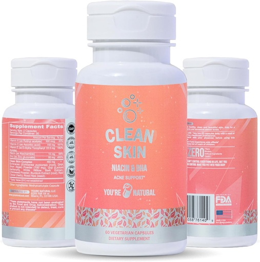 [BRSRMZYBBENWAAY2] YOU'RE NATURAL Clean Skin Supplement | Acne Support | Skin Support Vitamins for Women, Men & Teens, Vitamin A, Zinc, DHA, Vitamin B3, Vitamin C, Vitamin E - Gluten Free - Made in USA - 60 Capsules