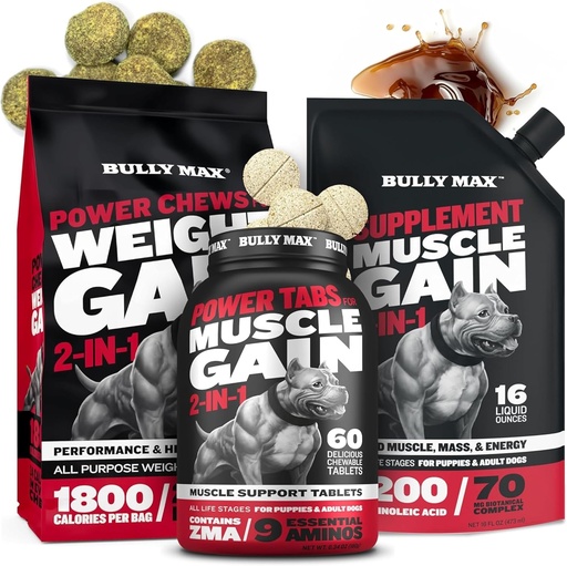 [BRSRA2YZAQJQ4YL4] Bully Max Dog Weight Gainer Chews (75pc närimist) & Lihaste Ehitaja tabletid (60 vahekaarti) & 3-in-1 Vedel Lihaste Ehitaja Lisakomplekt või kutsikad & Täiskasvanud, Kõik tõud - Tervislik kasv ja Vitality Support
