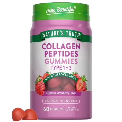 [BRSWGC34AEIRUYA2] Nature's Truth Collagen Peptide Gummies for Women | 60 Count Type 1 and 3 | Strawberry Flavor | Non-GMO & Gluten Free Supplement