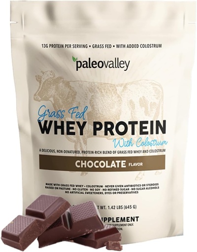 [BRSRMCQTCR5BQDL6] Paleovalley 100% Grassfed Whey Protein Powder with Colostrum, 30 Serving - Chocolate, 13g Protein, Muscle Building, Immune Support, Gut Health