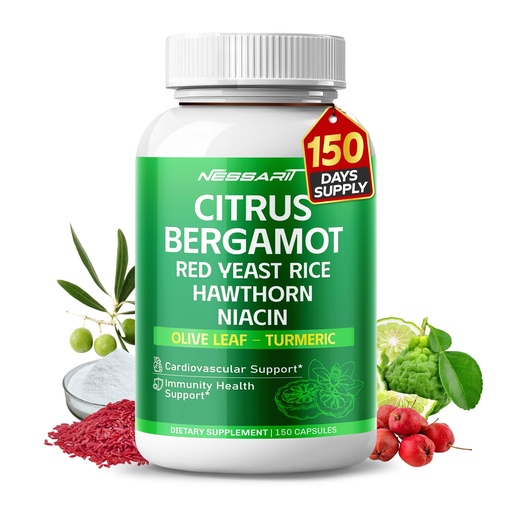 [BRSRAZYEB4BAGDLX] Citrus Bergamot Supplement - 15-in-1 Natural Blend with Red Yeast Rice Hawthorn Olive Leaf Odorless Garlic Turmeric Ginger Fenugreek - 150 Count