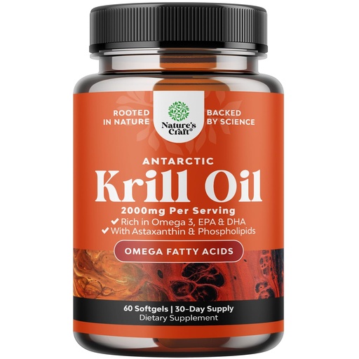 [BRSROHQNAR7GO3Q7] Antarctic Krill Oil 2000mg Softgels Per Serving - Omega 3 Krill Oil Supplement with EPA DHA & Astaxanthin (60 Count (Pack of 1)