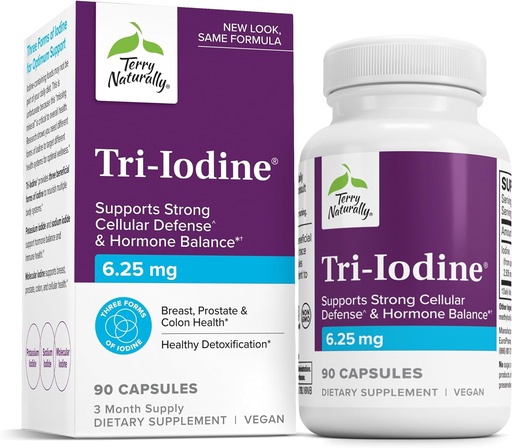 [BRSWIYA7CACQEAAV] Terry naturellement Tri-Iodine - Soutien Thyroïde Santé - Aide l'équilibre hormonal avec l'iode moléculaire de Kelp - Caractéristiques Iodide de potassium et iode de sodium - Soutien Cerveau et énergie - 6,25mg, 90 Capsules