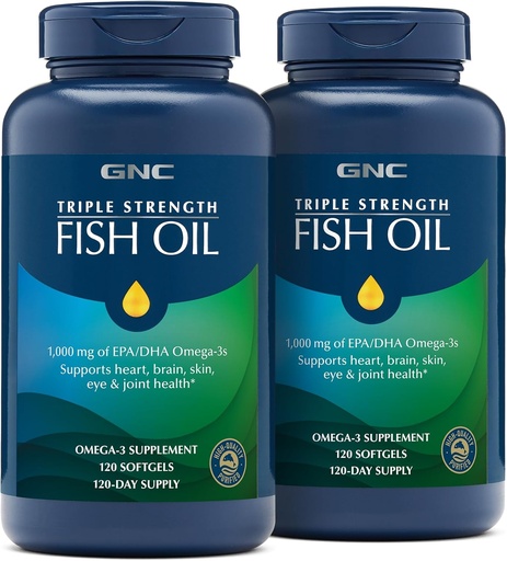 [BRSWGHYNDIGROCYV] GNC Triple Strength Fish Oil, Twin Pack, 120 Softgels per bottiglia, Supporta il cuore, il cervello, la pelle, l'occhio e la salute congiunta
