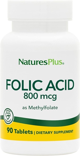 [BRSWIYTYO4HRA23M] Natures Plus Folic Acid (Methylfolate) - 800 mcg, 90 Tablets Vegan - Apoya el crecimiento saludable del tejido - Vegetariano, Gluten-Free - 90 Servings