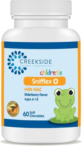 [BRSWG2T2CJ7GMHLB] Creekside Naturals Snifflex, Children's Sinus & Respiratory Support, Elderberry for Immune Health, Pediatrician Formulated with NAC, Quercetin & Bromelain, Zero Sugar, Vegan, 60 Soft Chewables