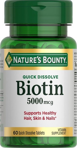 [BRSWIBAROJ6QC33G] Nature's Bounty Biotin, Supports Metabolism for Cellular Energy and Healthy Hair, Skin, and Nails, 5000 mcg, 60 Quick Dissolve Tablets