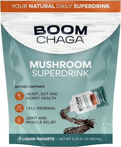 [BRSRAGIFCQHA4HY3] Mushroom Superdrink, Liquid Concentrate with Antioxidants for Anti-Inflammation and Immunity Boost, Beta-Glucans for Heart Health, Oxalate-Free, 7 Single-Serving Packets