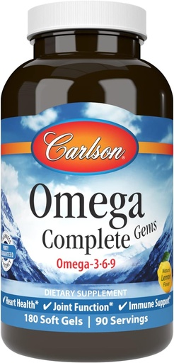 [BRSWIZYDOIDRQYLE] Carlson - Omega Complete Gems, Omega-3-6-9, Wild Caught, Sustainably Sourced, Heart Health, Joint Function & Immune Support, 180 Softgels