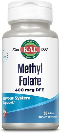 [BRSWGZABCMPQ2GQ7] KAL Metyl Folate 400 µg DFE, 5- MTHF Aktywna postać Witamina B9, Suplement kwasu foliowego, Heart Health, Prenatal, Mood and Brain Support, Szybkie rozpuszczanie ActivTab, 60- Day Guarantee, 90 Słupki, 90 Tabletki
