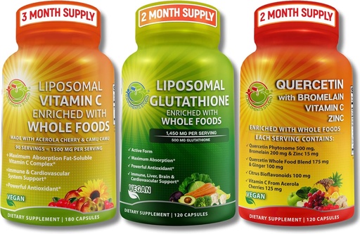 [BRSRAYLYCN5BYYDA] Complete Plant-Based Antioxidant & Immune Support Bundle - Liposomal Vitamin C 1500mg + Liposomal Glutathione 500mg + Quercetin with Bromelain, Zinc & Vitamin C – Vegan, Enhanced Absorption Formulas