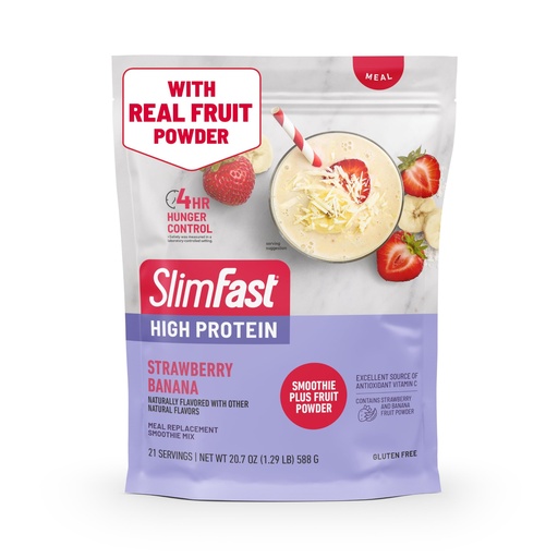 [BRSRAZIFAF5QY23F] SlimFast High Protein Smoothie Mix Plus Fruit Powder, High Protein Meal Replacement Powder, Fiber, Vitamin C, 21 Servings, 1.29 Pounds, Strawberry Banana (Packaging May Vary)